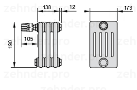 Схема (чертеж) Радиатор Zehnder Charleston 5019/3 №V012 Белый глянцевый RAL 9016